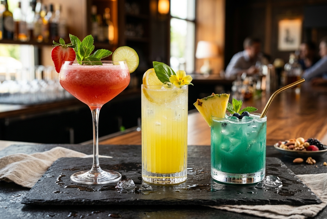 Tři letní varianty nápoje — jahoda, citron a tropický mocktail s ozdobami